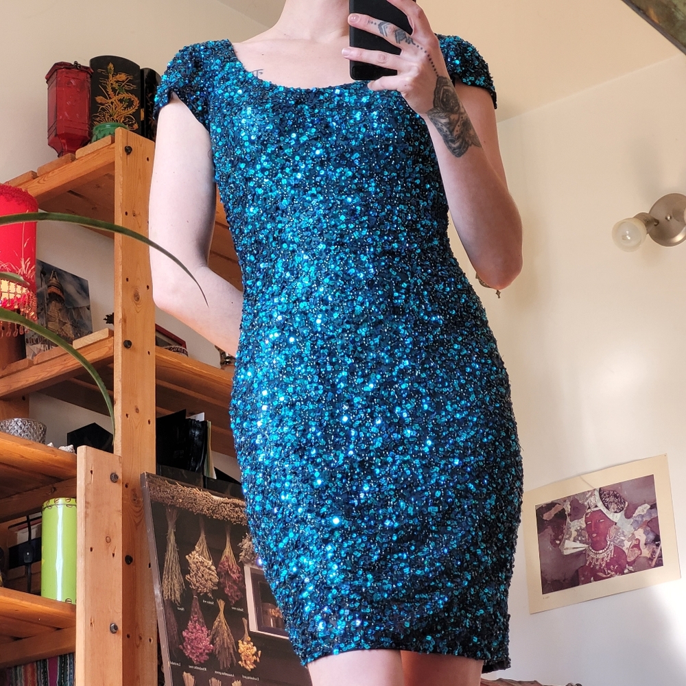 Vintage Scala Blue Sequin 100% Silk Evening Cocktail Dress - Xs